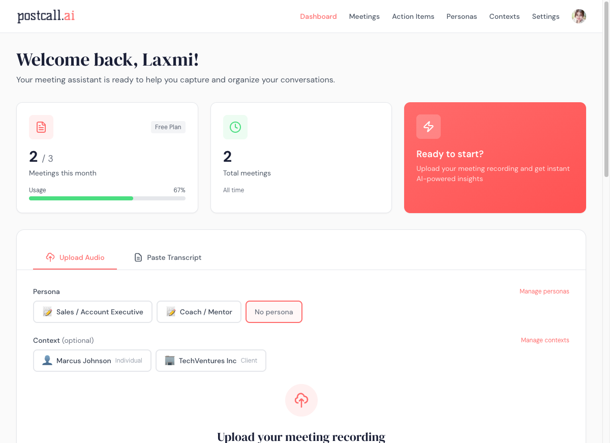 postcall.ai dashboard showing meeting upload and recent meetings