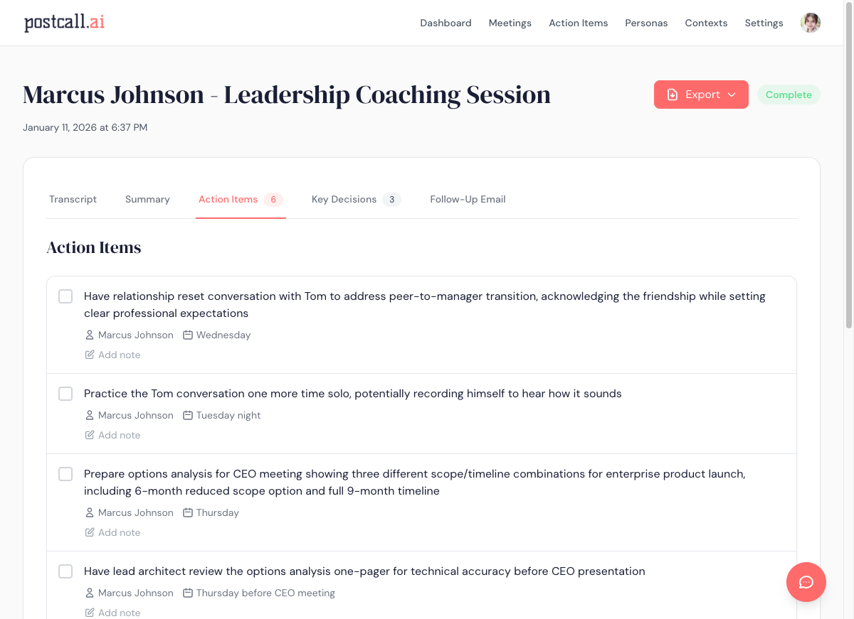 Action items with owners