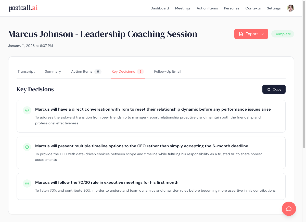 Key decisions from meeting