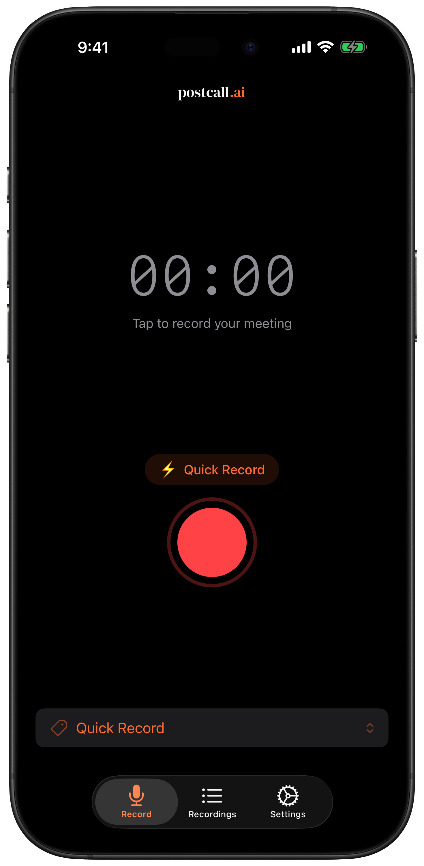 postcall.ai iOS app - Record screen