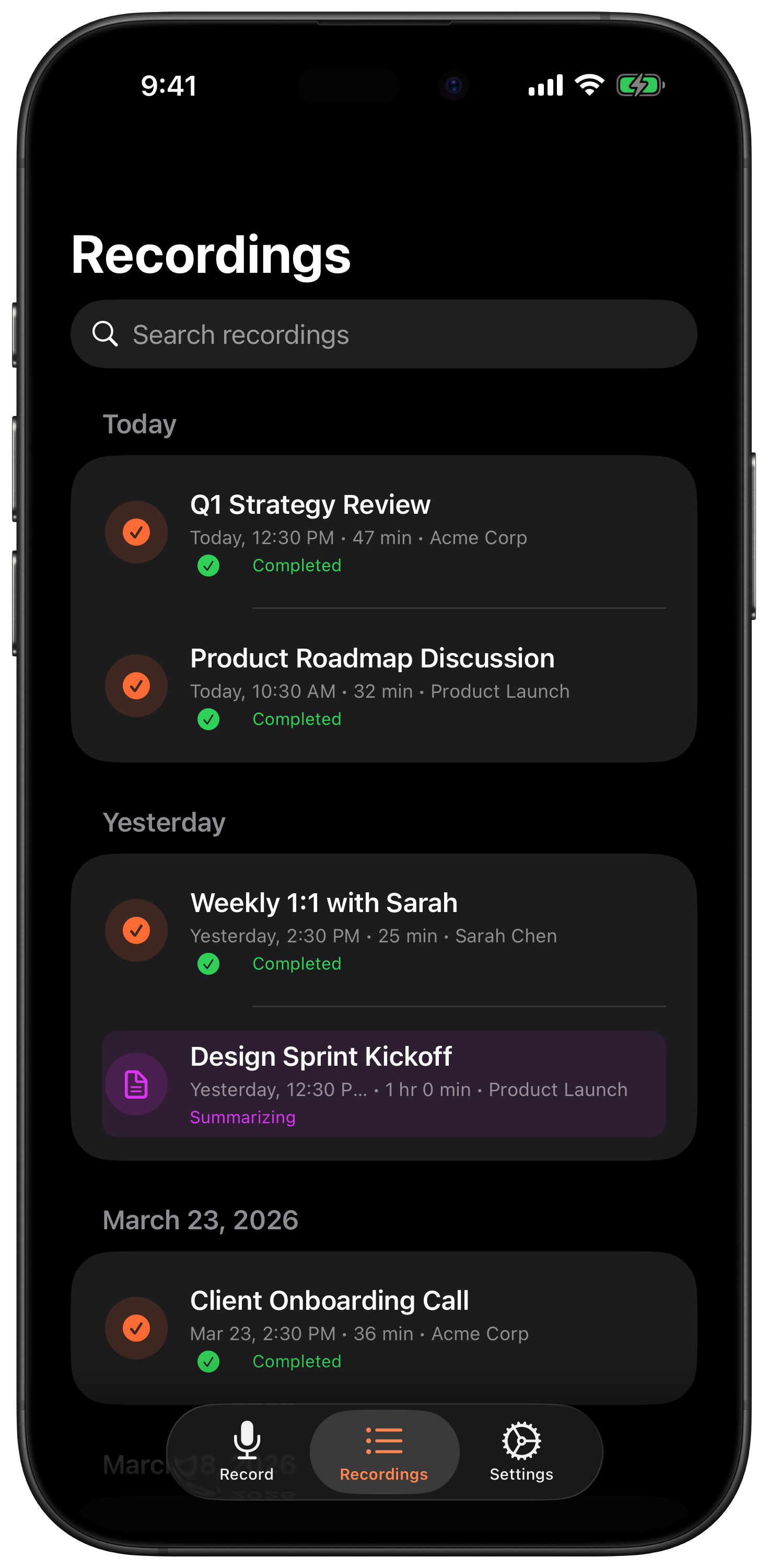 postcall.ai iOS app - Recordings list